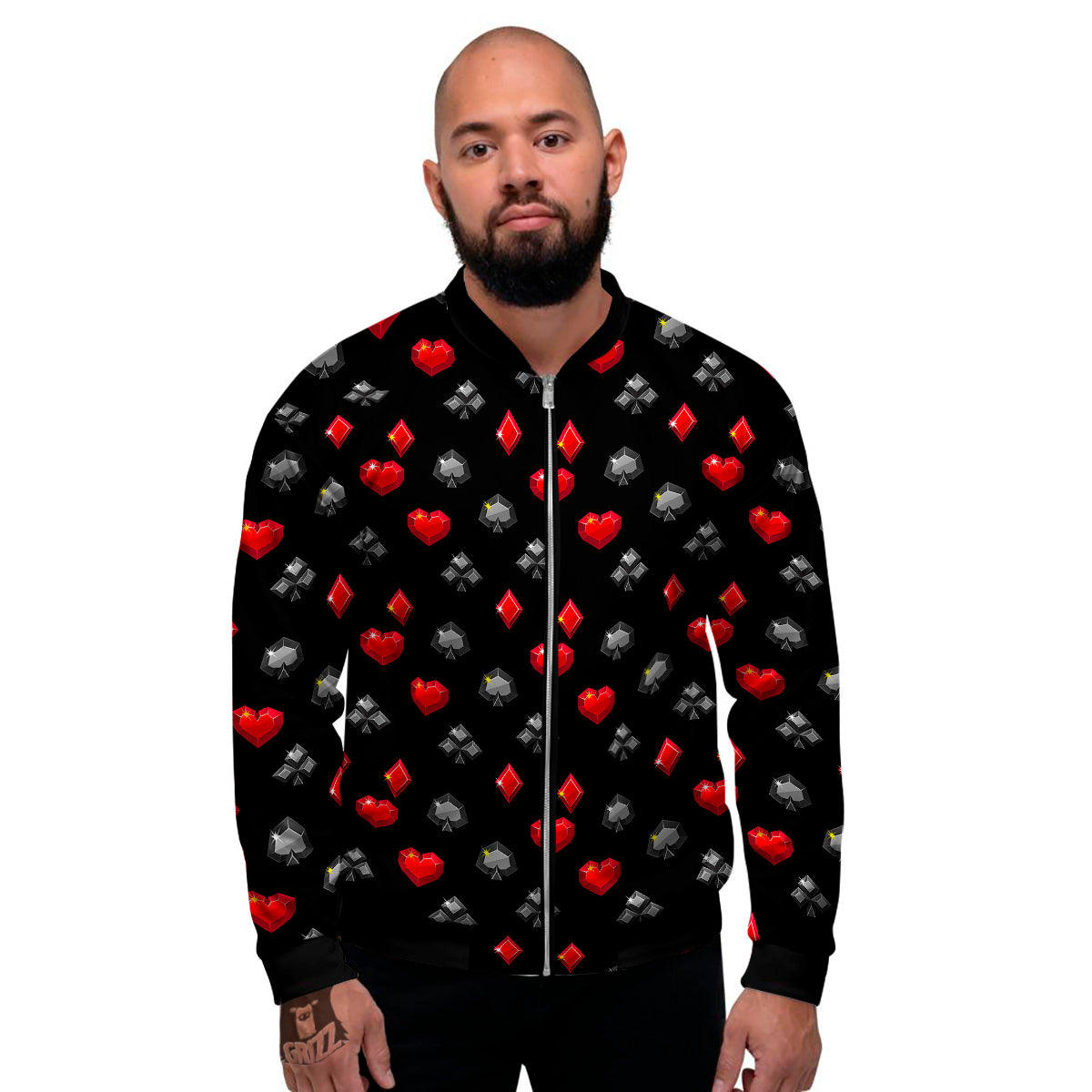 Casino Card Suits Red Black Print Pattern Men's Bomber Jacket-grizzshop