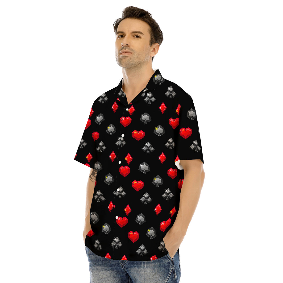 Casino Card Suits Red Black Print Pattern Men's Hawaiian Shirt-grizzshop