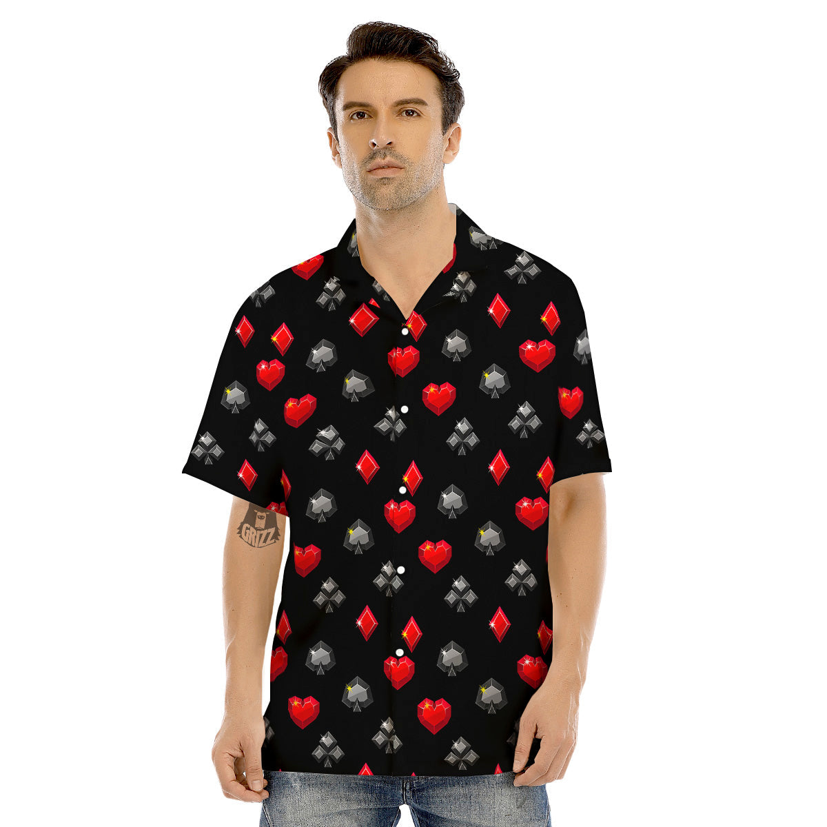 Casino Card Suits Red Black Print Pattern Men's Hawaiian Shirt-grizzshop