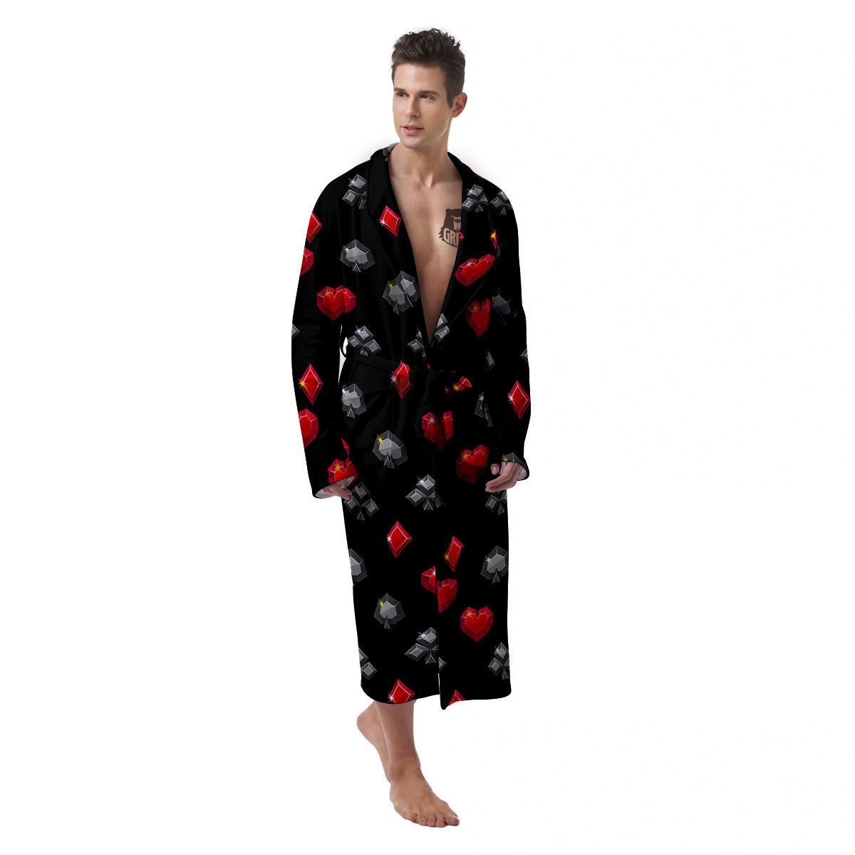 Casino Card Suits Red Black Print Pattern Men's Robe-grizzshop