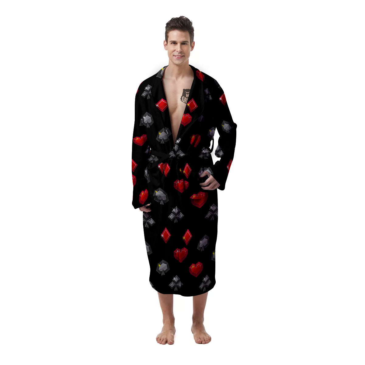 Casino Card Suits Red Black Print Pattern Men's Robe-grizzshop
