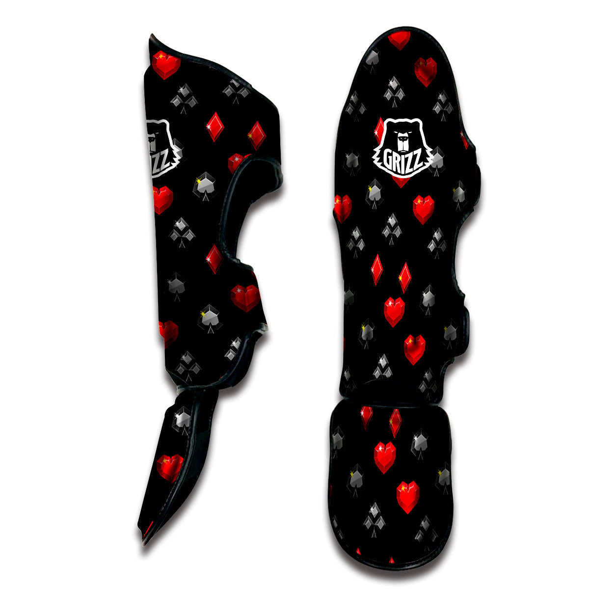 Casino Card Suits Red Black Print Pattern Muay Thai Shin Guards-grizzshop