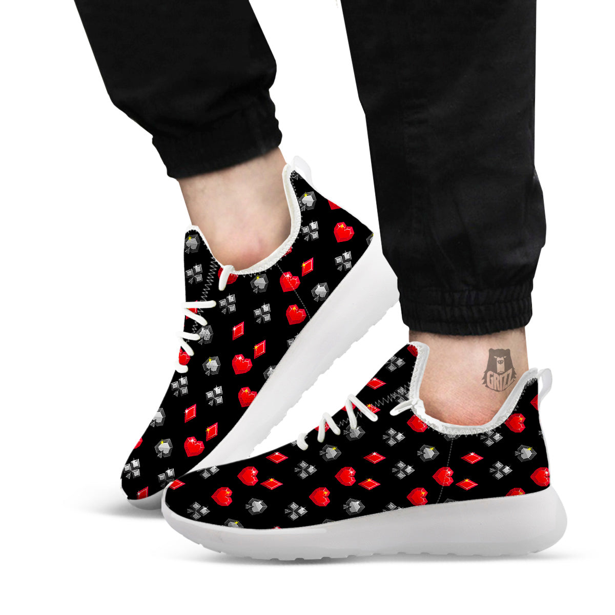 Casino Card Suits Red Black Print Pattern White Athletic Shoes-grizzshop