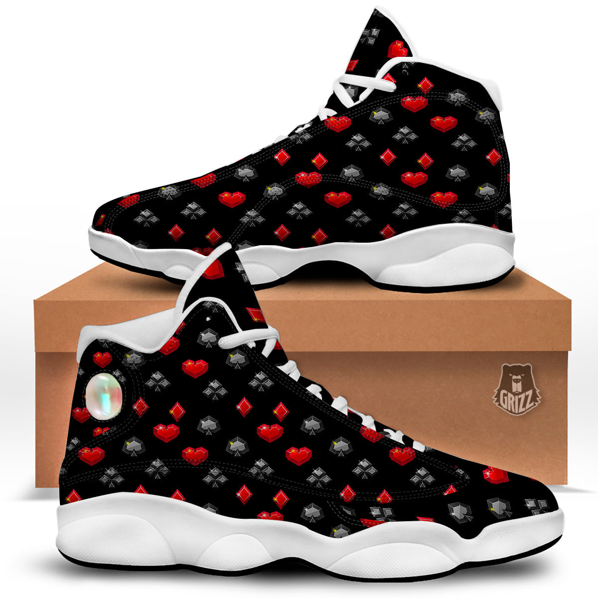 Casino Card Suits Red Black Print Pattern White Basketball Shoes-grizzshop