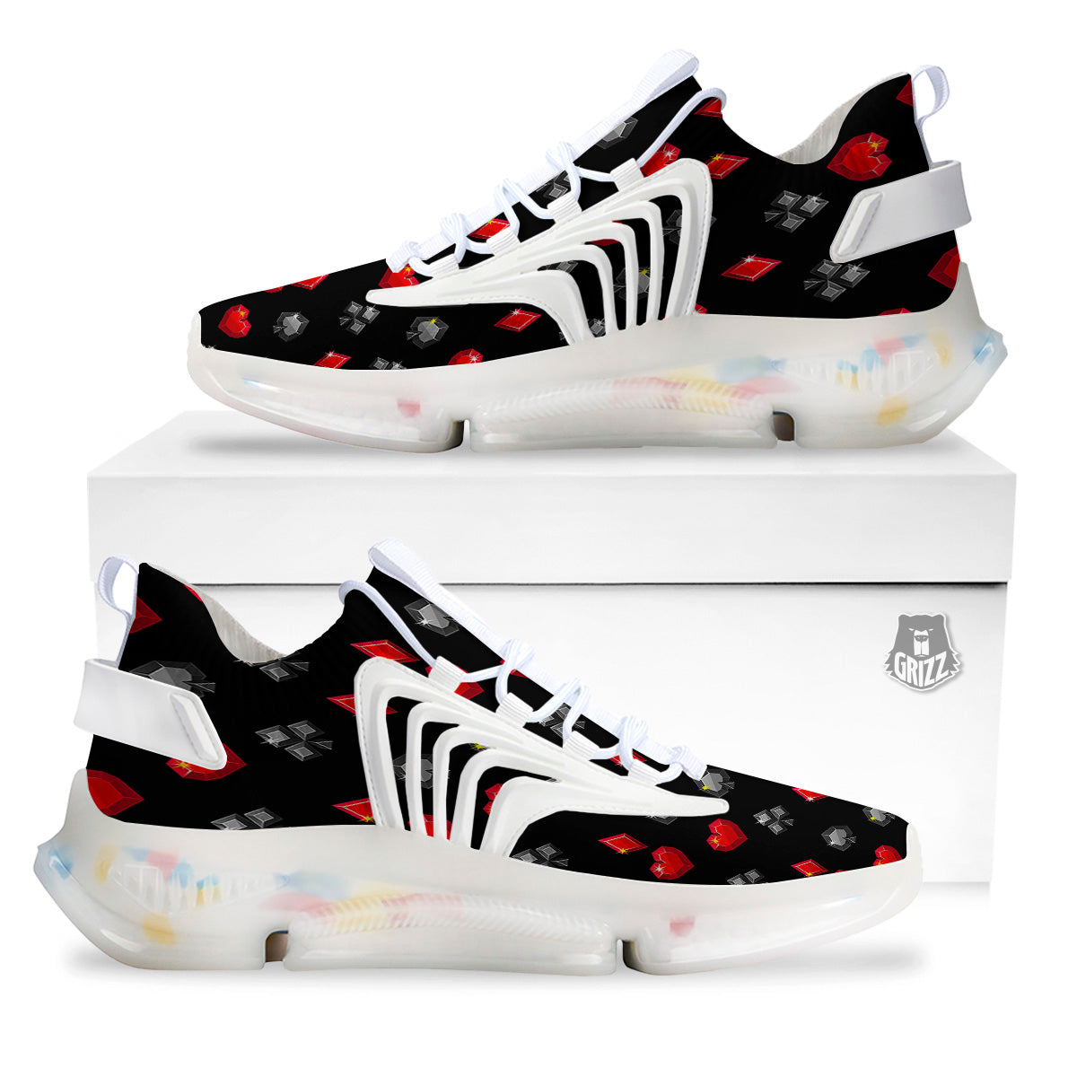 Casino Card Suits Red Black Print Pattern White Gym Shoes-grizzshop