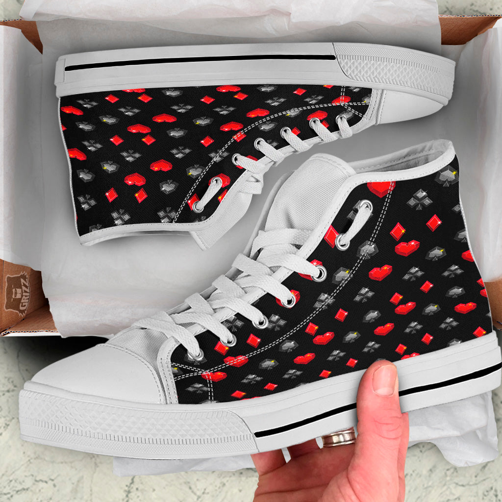 Casino Card Suits Red Black Print Pattern White High Top Shoes-grizzshop