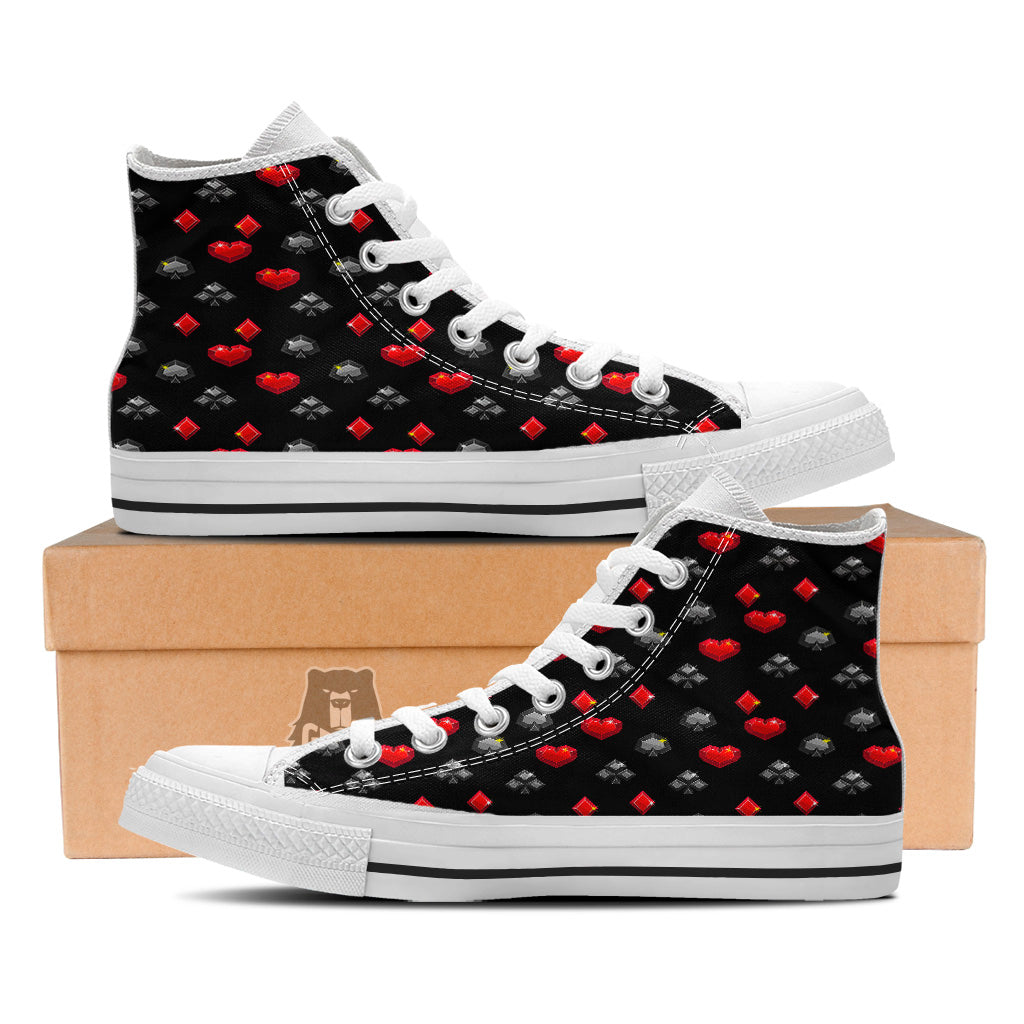 Casino Card Suits Red Black Print Pattern White High Top Shoes-grizzshop