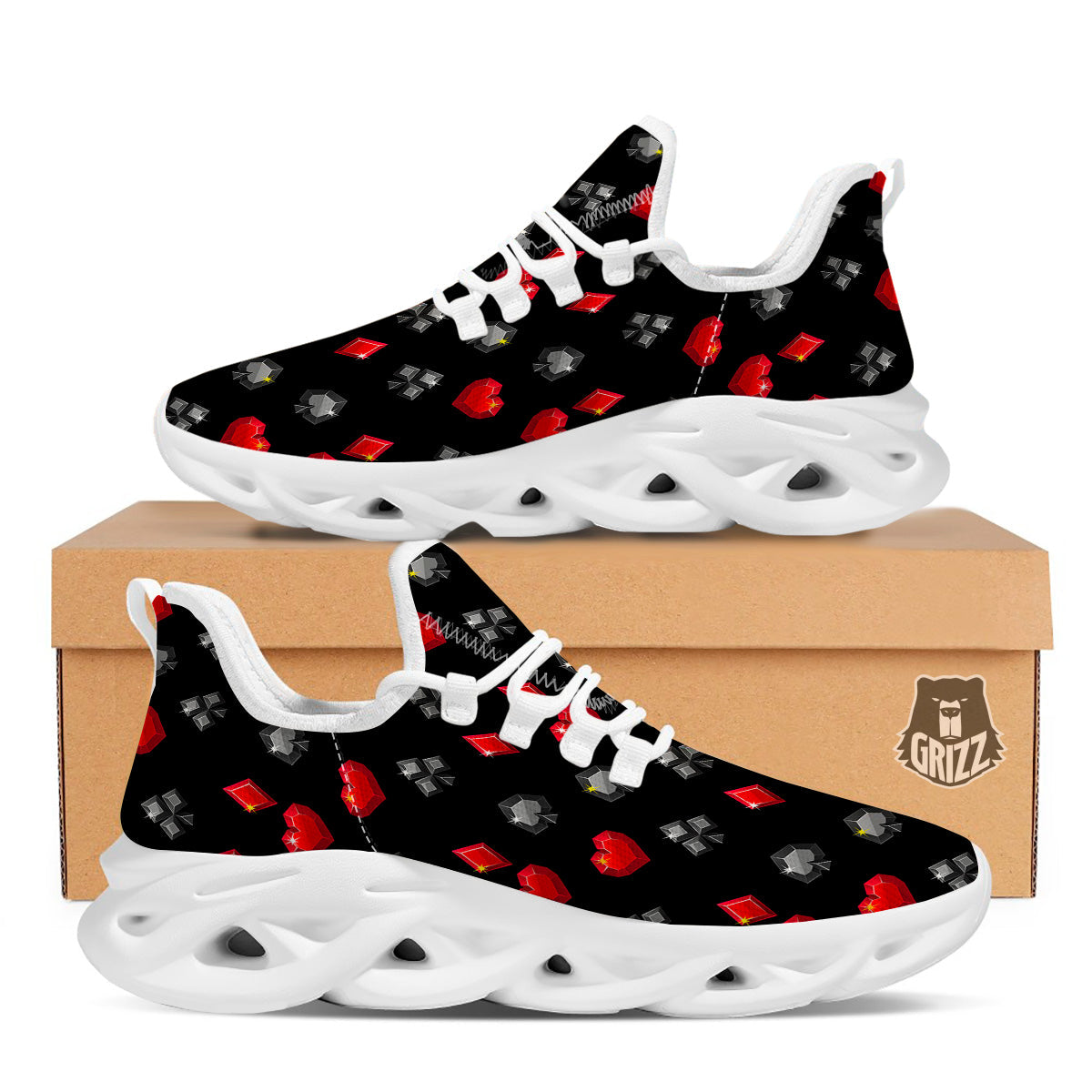 Casino Card Suits Red Black Print Pattern White Running Shoes-grizzshop