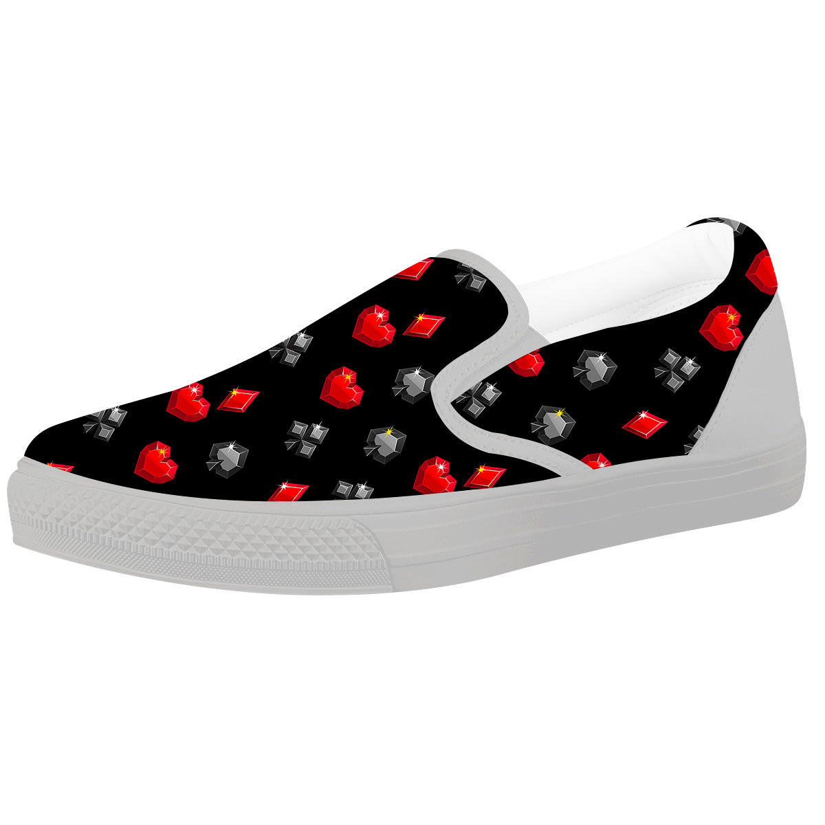 Casino Card Suits Red Black Print Pattern White Slip On Shoes-grizzshop