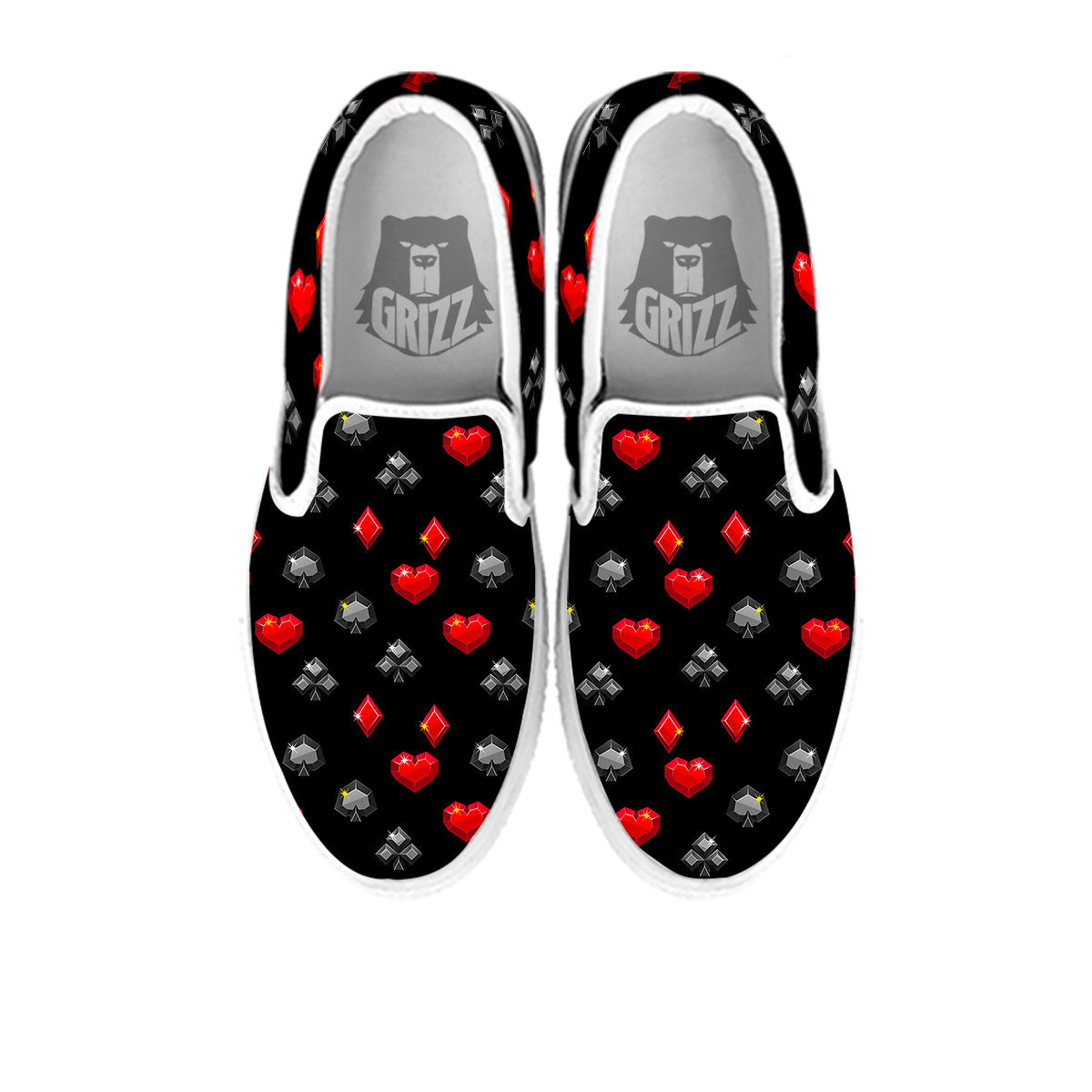 Casino Card Suits Red Black Print Pattern White Slip On Shoes-grizzshop
