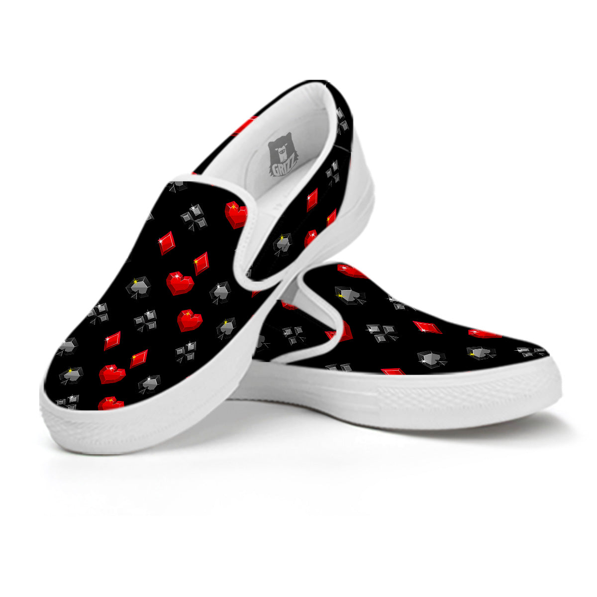 Casino Card Suits Red Black Print Pattern White Slip On Shoes-grizzshop