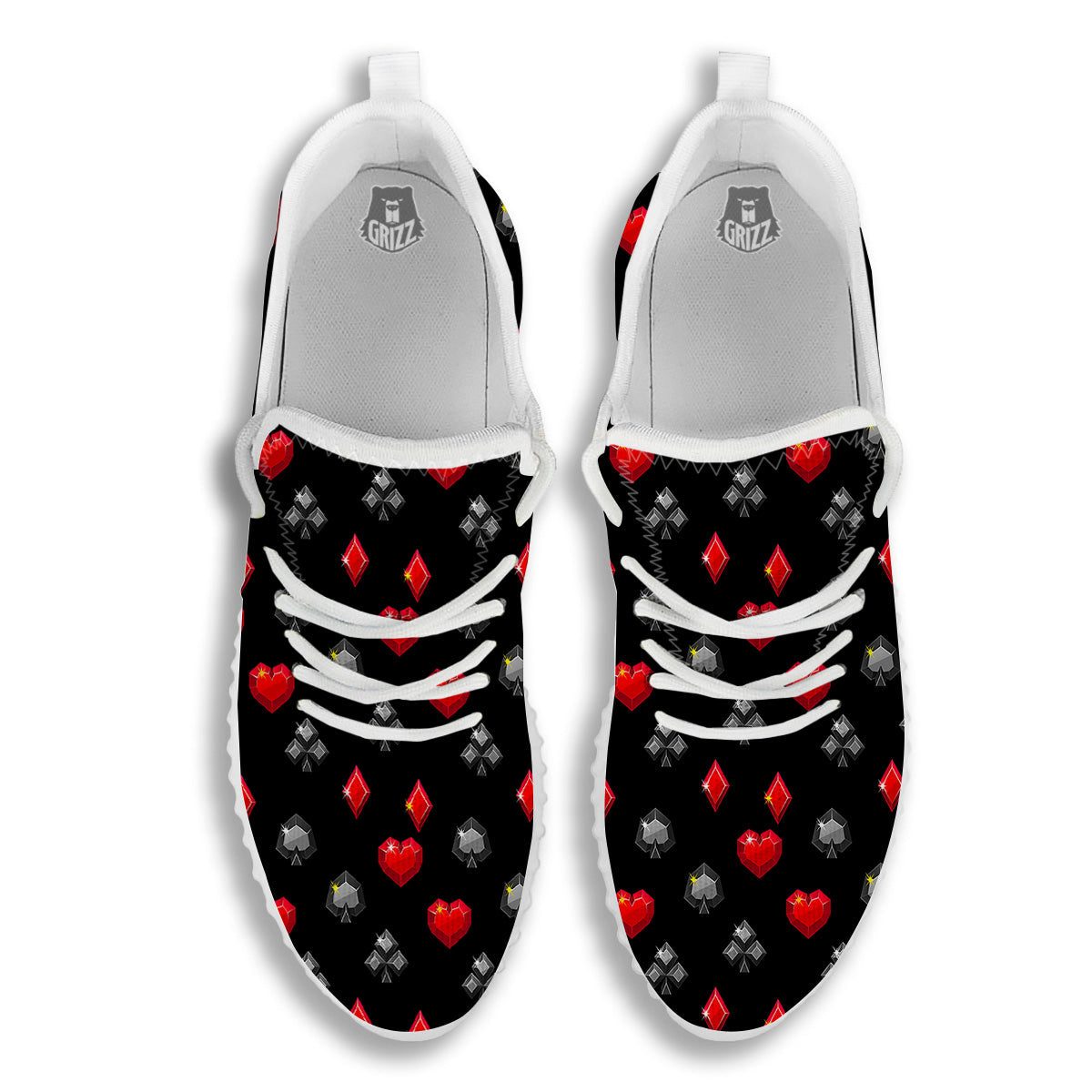 Casino Card Suits Red Black Print Pattern White Walking Shoes-grizzshop