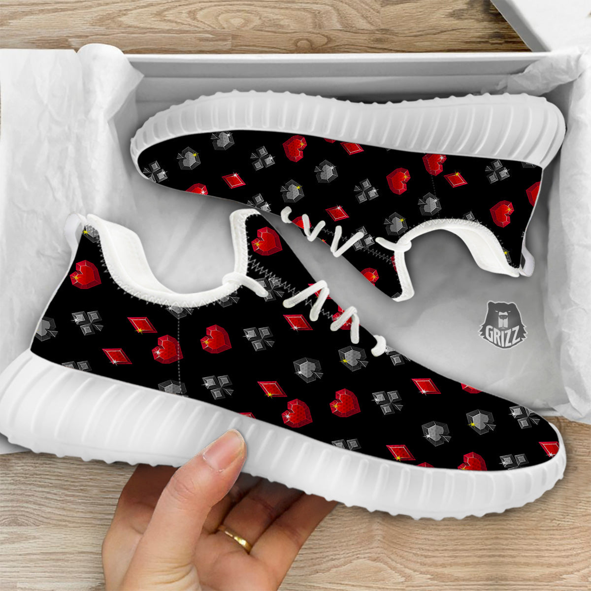 Casino Card Suits Red Black Print Pattern White Walking Shoes-grizzshop