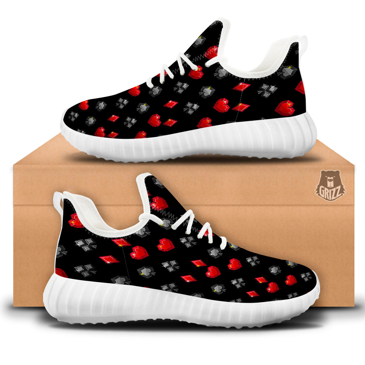 Casino Card Suits Red Black Print Pattern White Walking Shoes-grizzshop