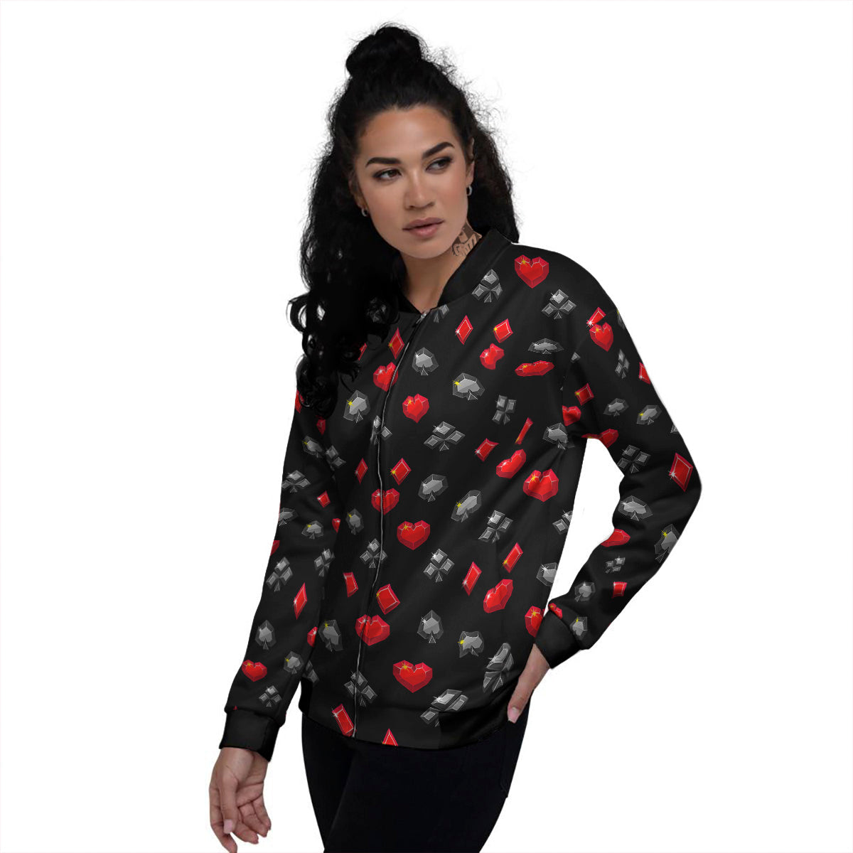 Casino Card Suits Red Black Print Pattern Women's Bomber Jacket-grizzshop