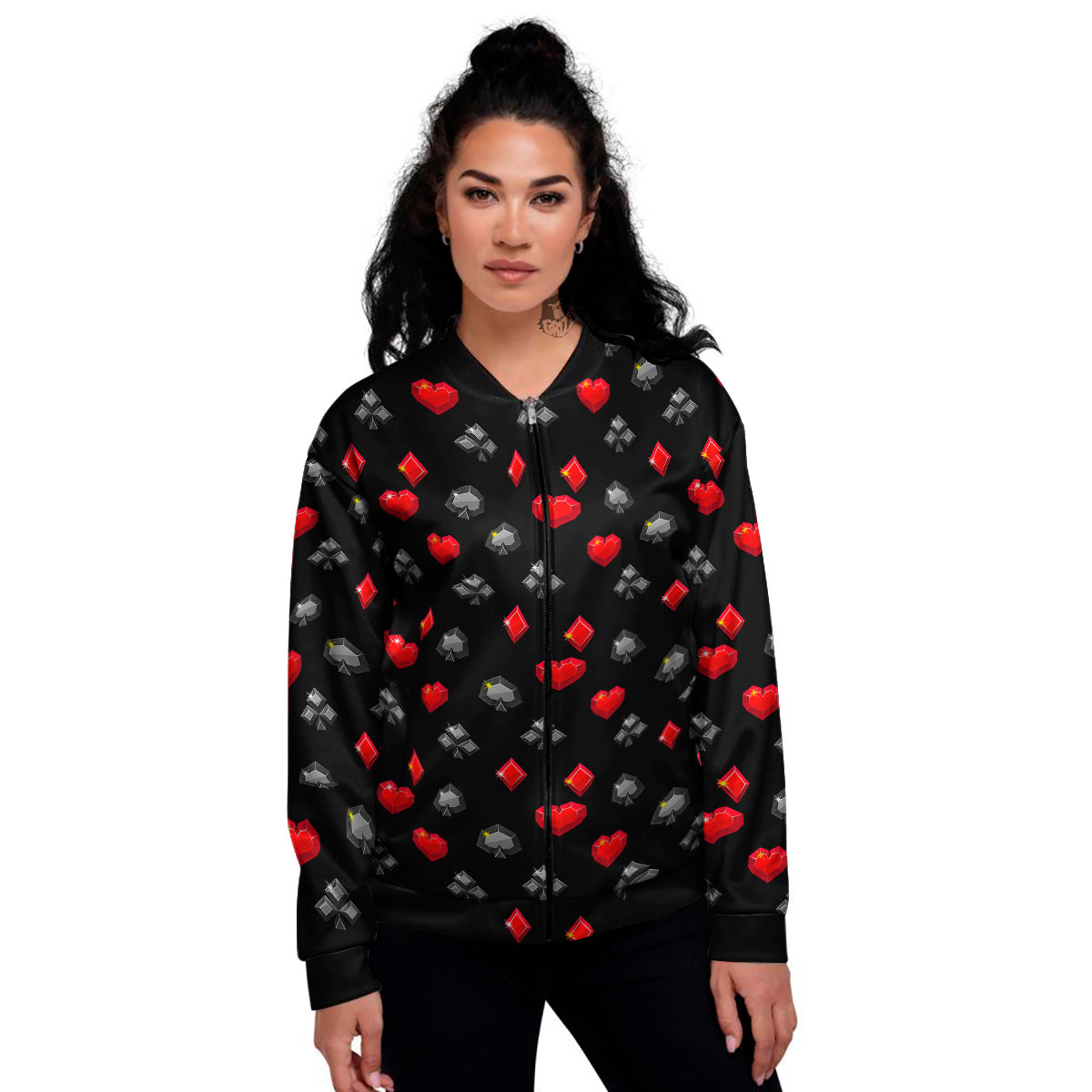 Casino Card Suits Red Black Print Pattern Women's Bomber Jacket-grizzshop