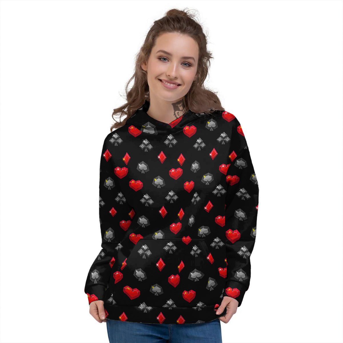 Casino Card Suits Red Black Print Pattern Women's Hoodie-grizzshop