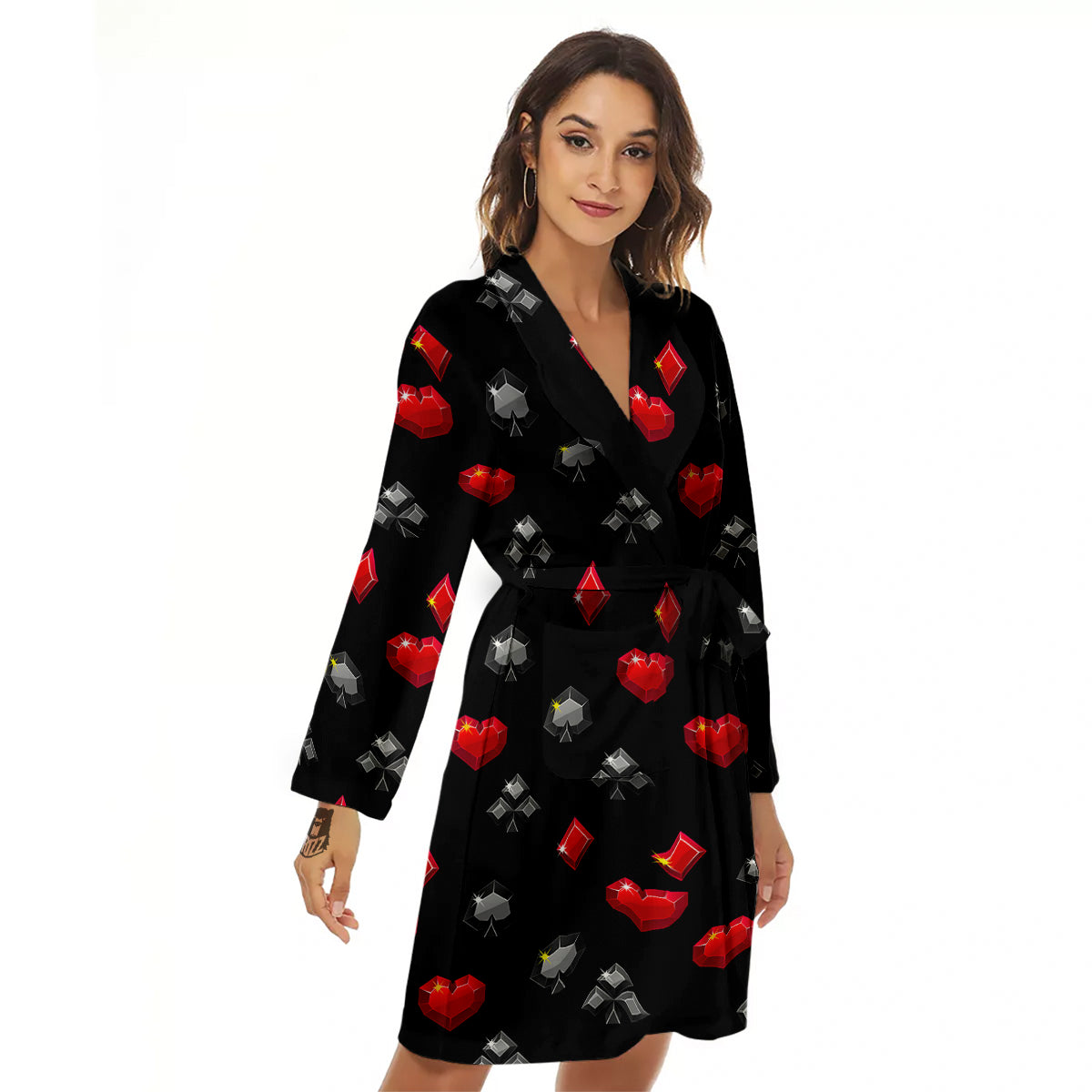 Casino Card Suits Red Black Print Pattern Women's Robe-grizzshop