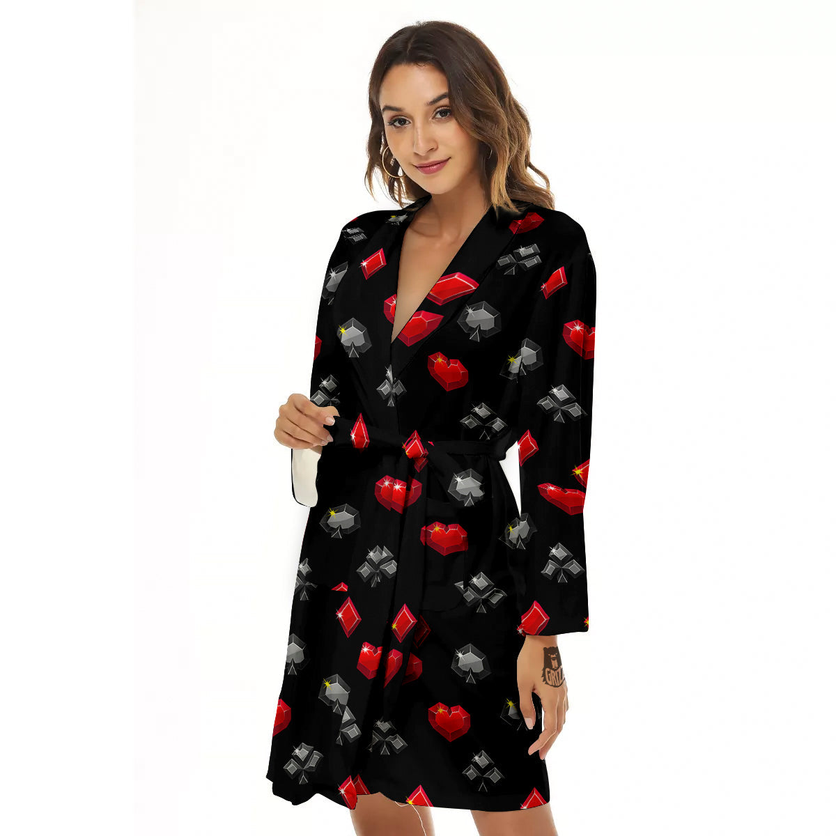Casino Card Suits Red Black Print Pattern Women's Robe-grizzshop