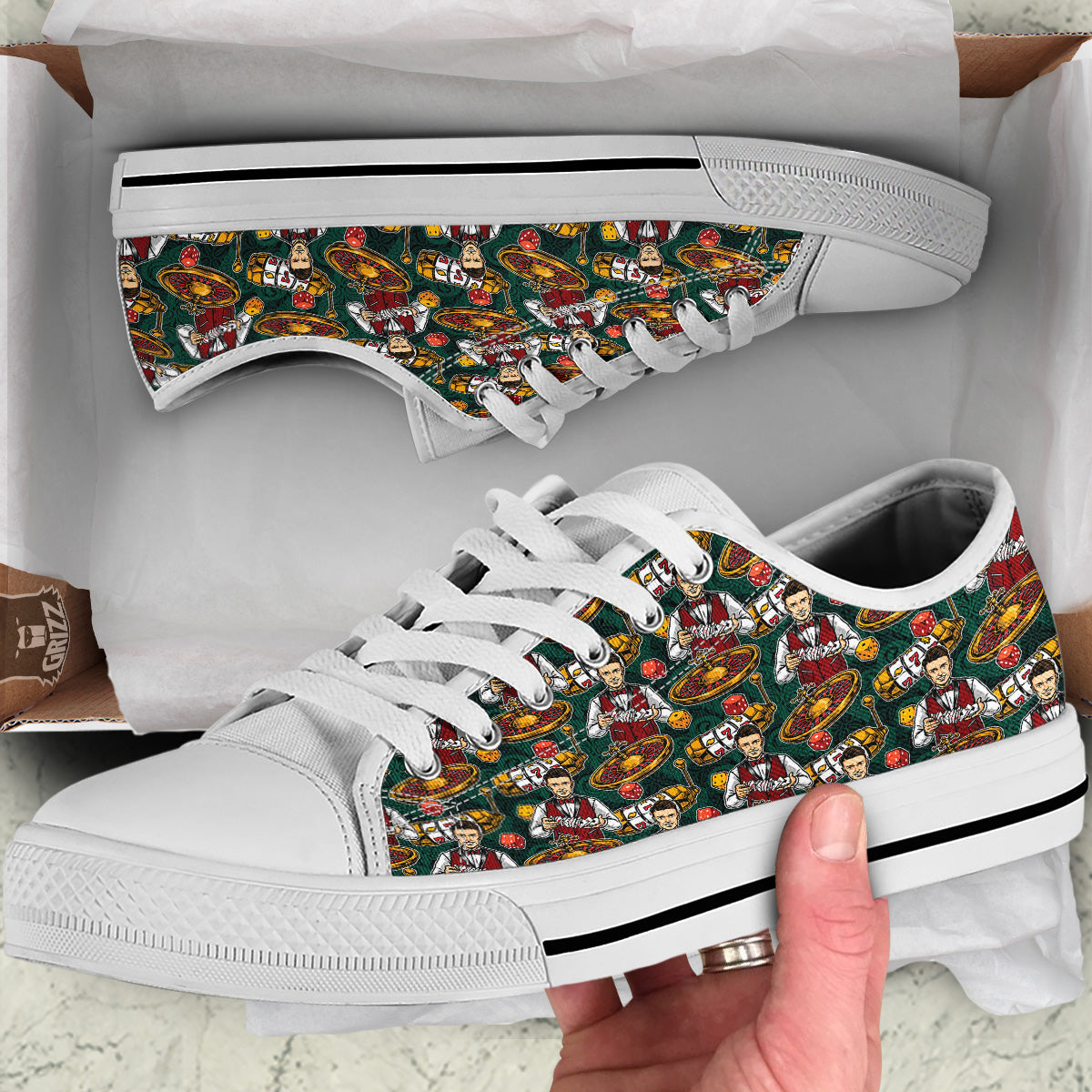 Casino Croupier And Slot Machine Print Pattern White Low Top Shoes-grizzshop