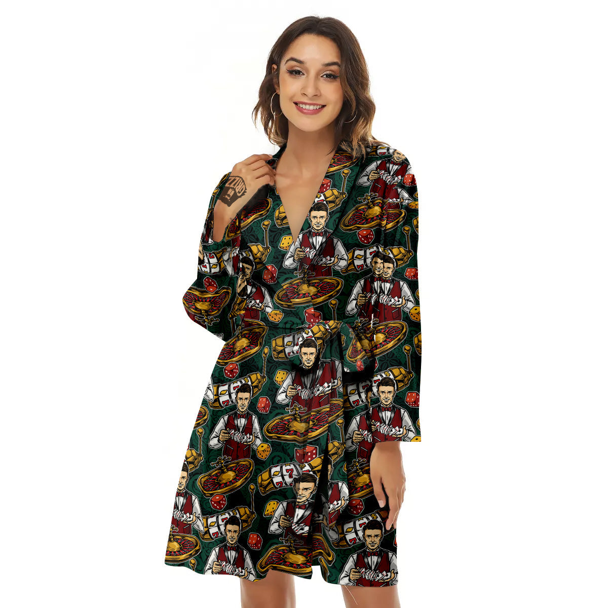 Casino Croupier And Slot Machine Print Pattern Women's Robe-grizzshop
