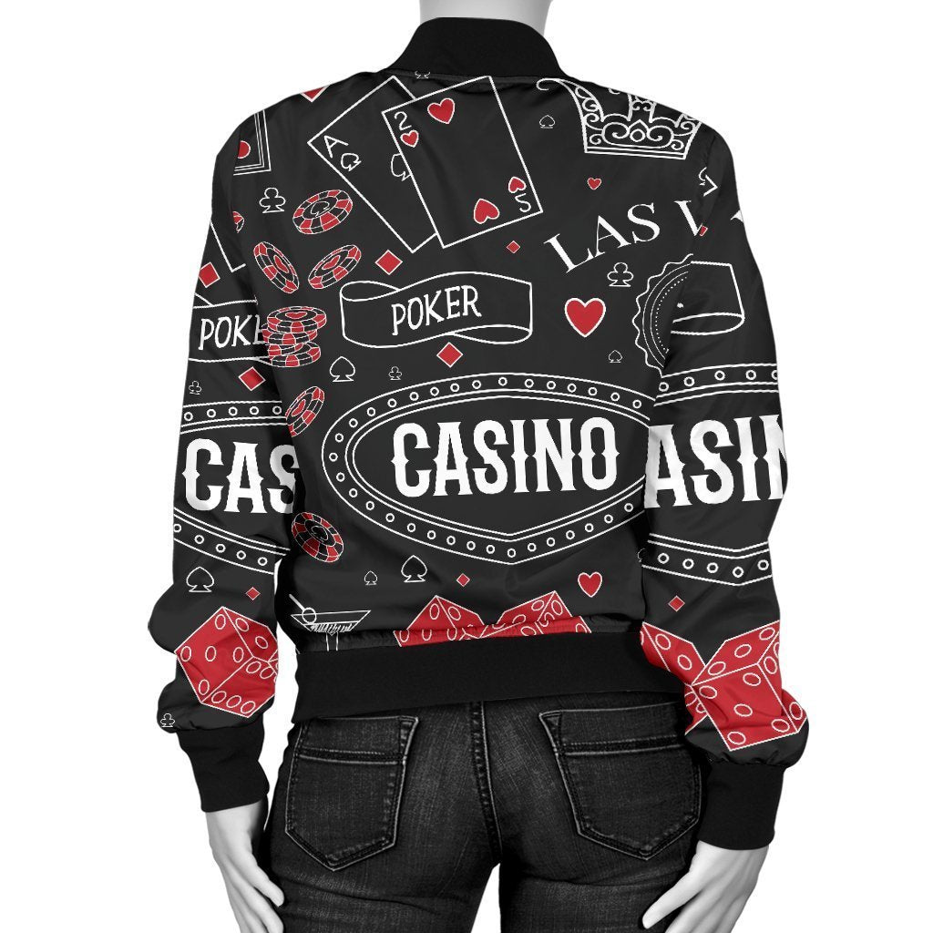 Casino Poker Pattern Print Women Casual Bomber Jacket-grizzshop