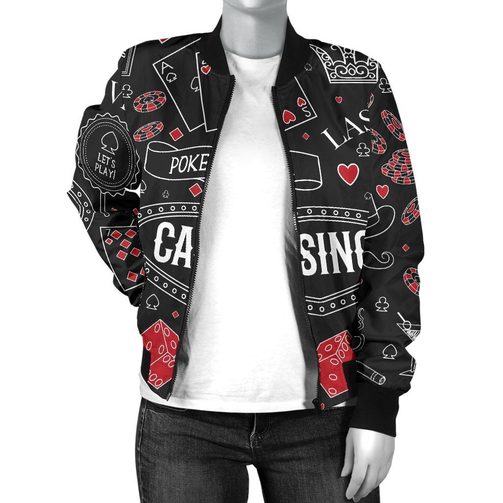 Casino Poker Pattern Print Women Casual Bomber Jacket-grizzshop