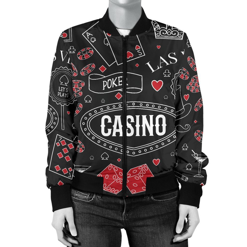 Casino Poker Pattern Print Women Casual Bomber Jacket-grizzshop