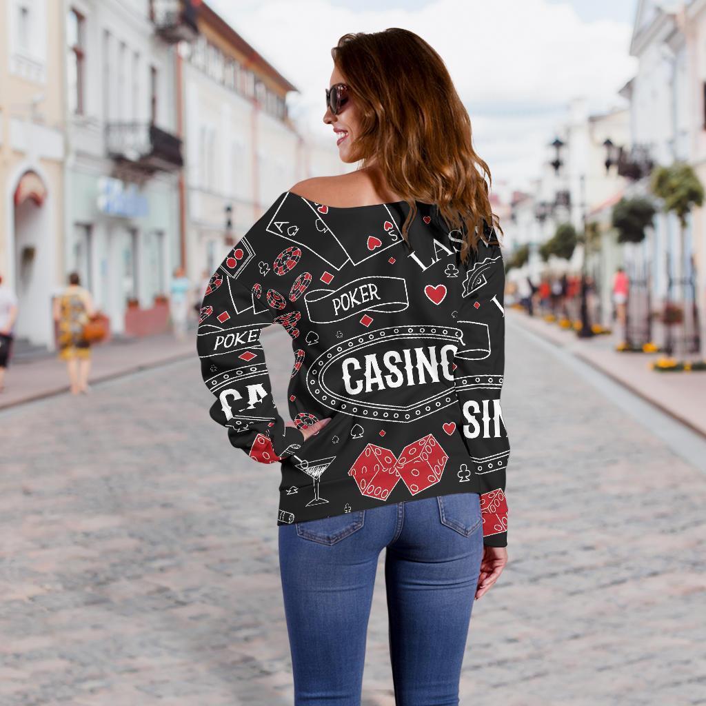 Casino Poker Pattern Print Women Off Shoulder Sweatshirt-grizzshop