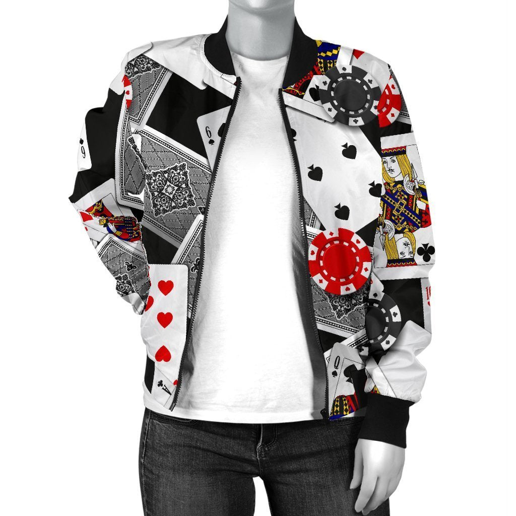 Casino Poker Print Pattern Women Casual Bomber Jacket-grizzshop
