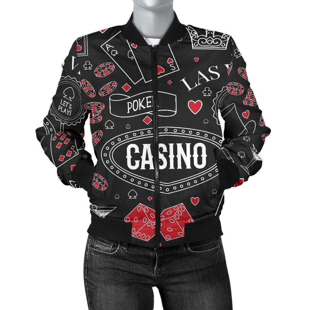 Casino Poker Pattern Print Women Casual Bomber Jacket-grizzshop