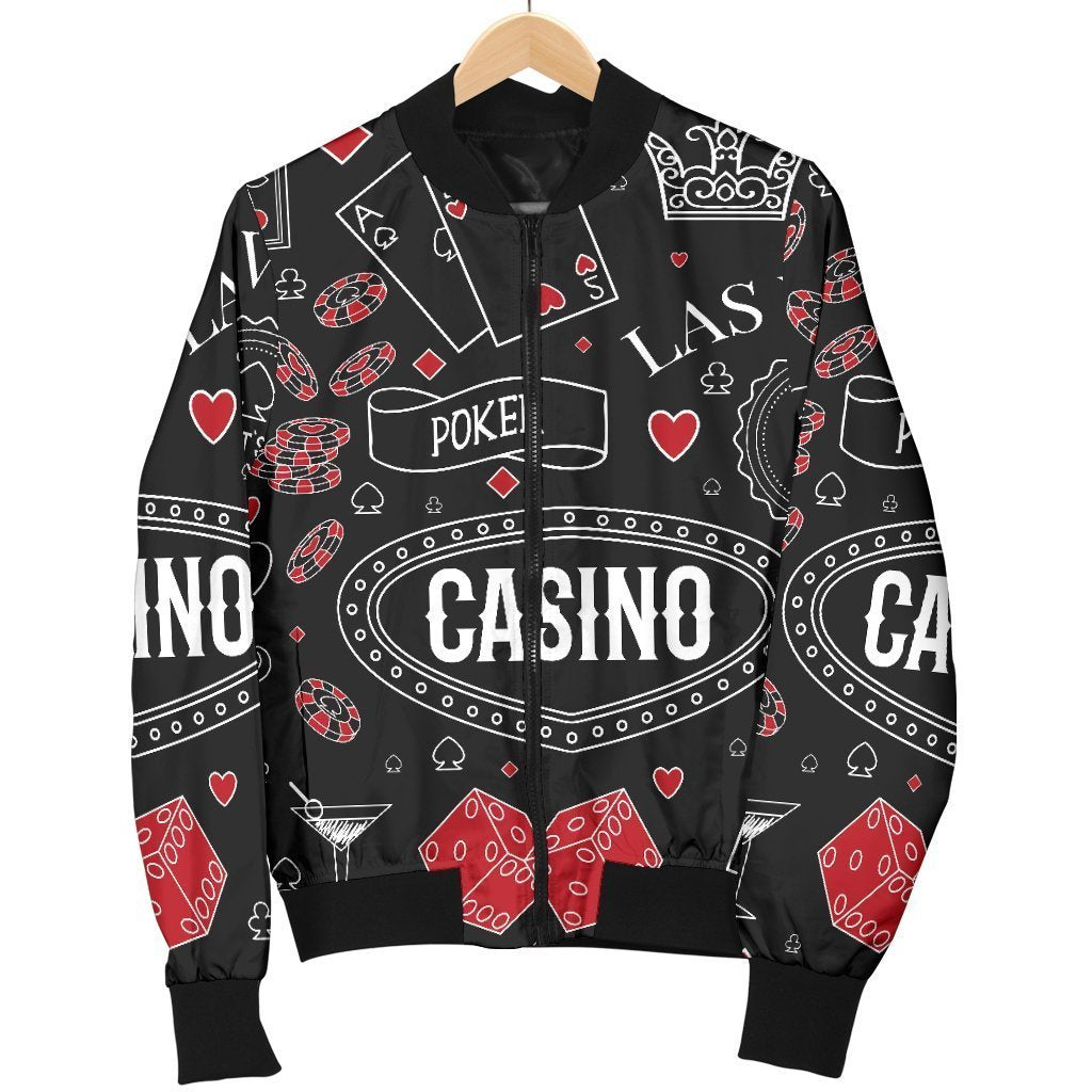 Casino Poker Pattern Print Women Casual Bomber Jacket-grizzshop