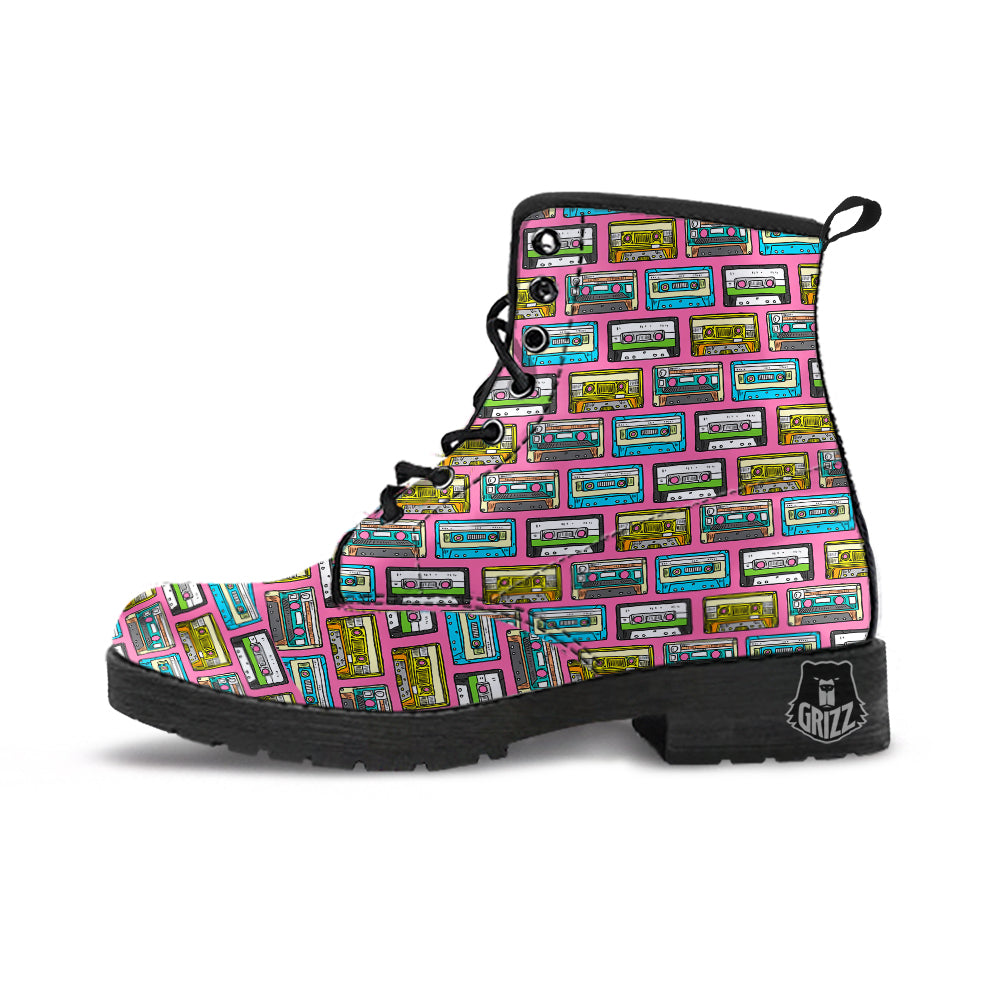 Cassette Drawing Print Pattern Leather Boots-grizzshop