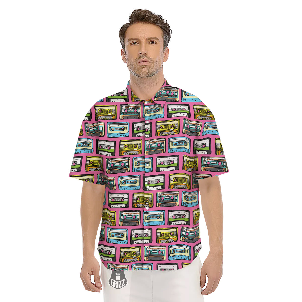 Cassette Drawing Print Pattern Men's Short Sleeve Shirts-grizzshop