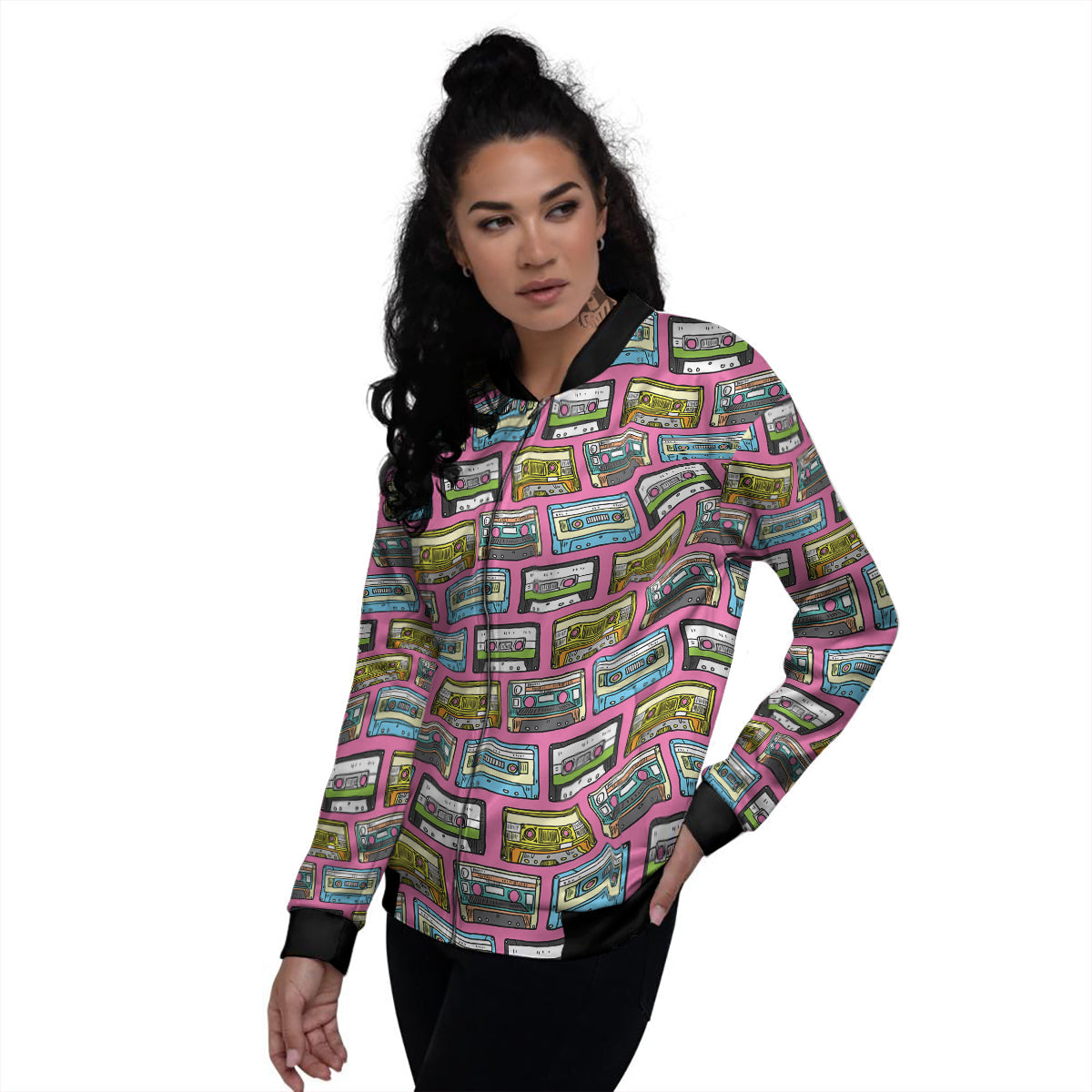 Cassette Drawing Print Pattern Women's Bomber Jacket-grizzshop