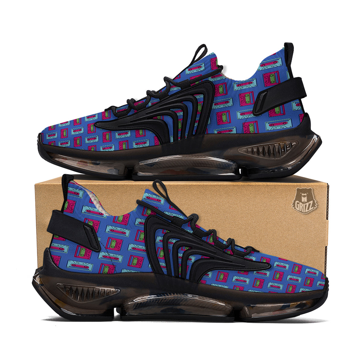 Cassette Pink And Blue Print Pattern Black Gym Shoes-grizzshop