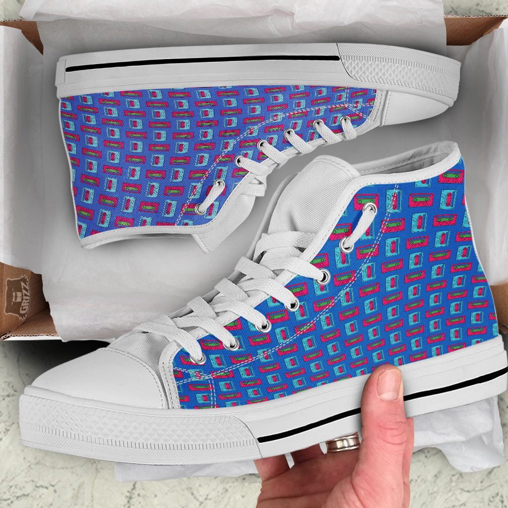 Cassette Pink And Blue Print Pattern White High Top Shoes-grizzshop