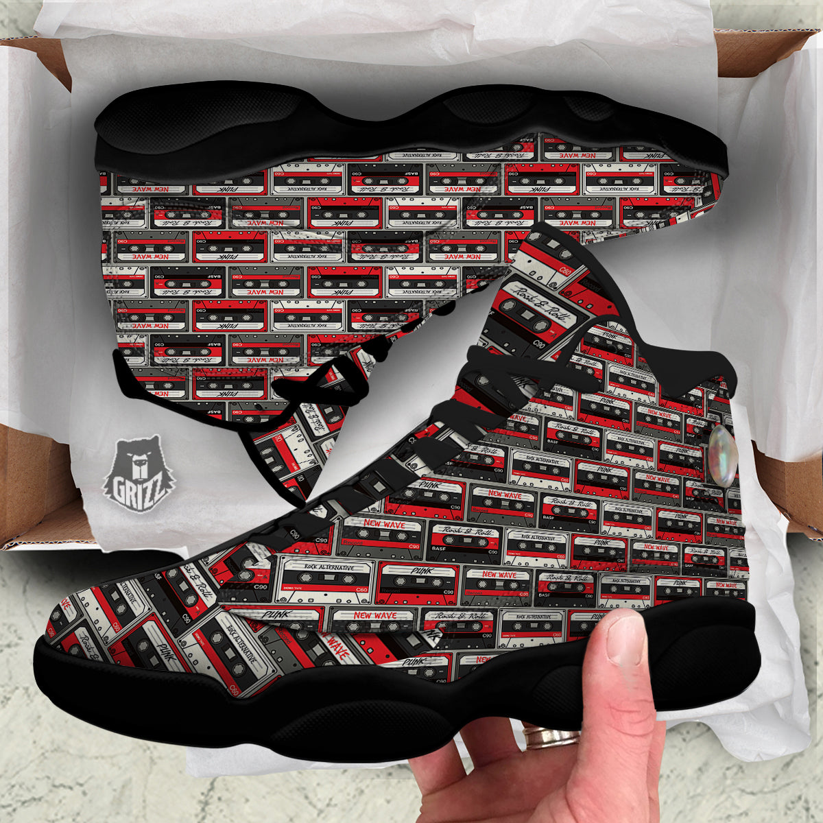 Cassette Red Punk Print Pattern Black Basketball Shoes-grizzshop