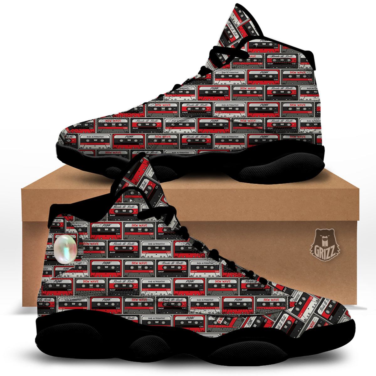 Cassette Red Punk Print Pattern Black Basketball Shoes-grizzshop