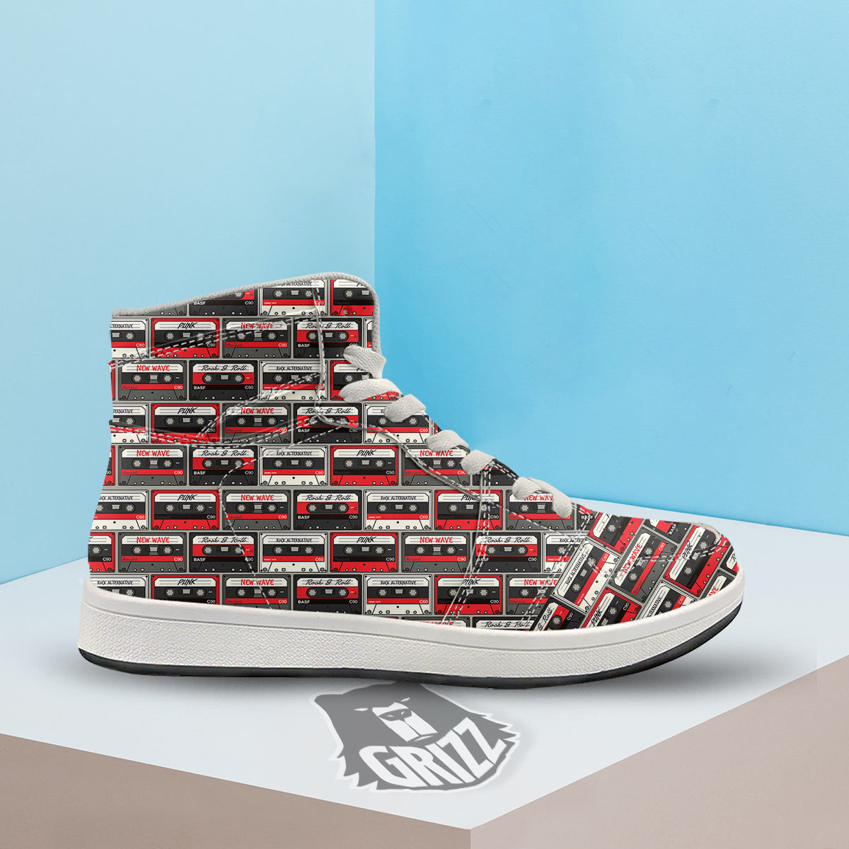 Cassette Red Punk Print Pattern High Top Sneakers-grizzshop