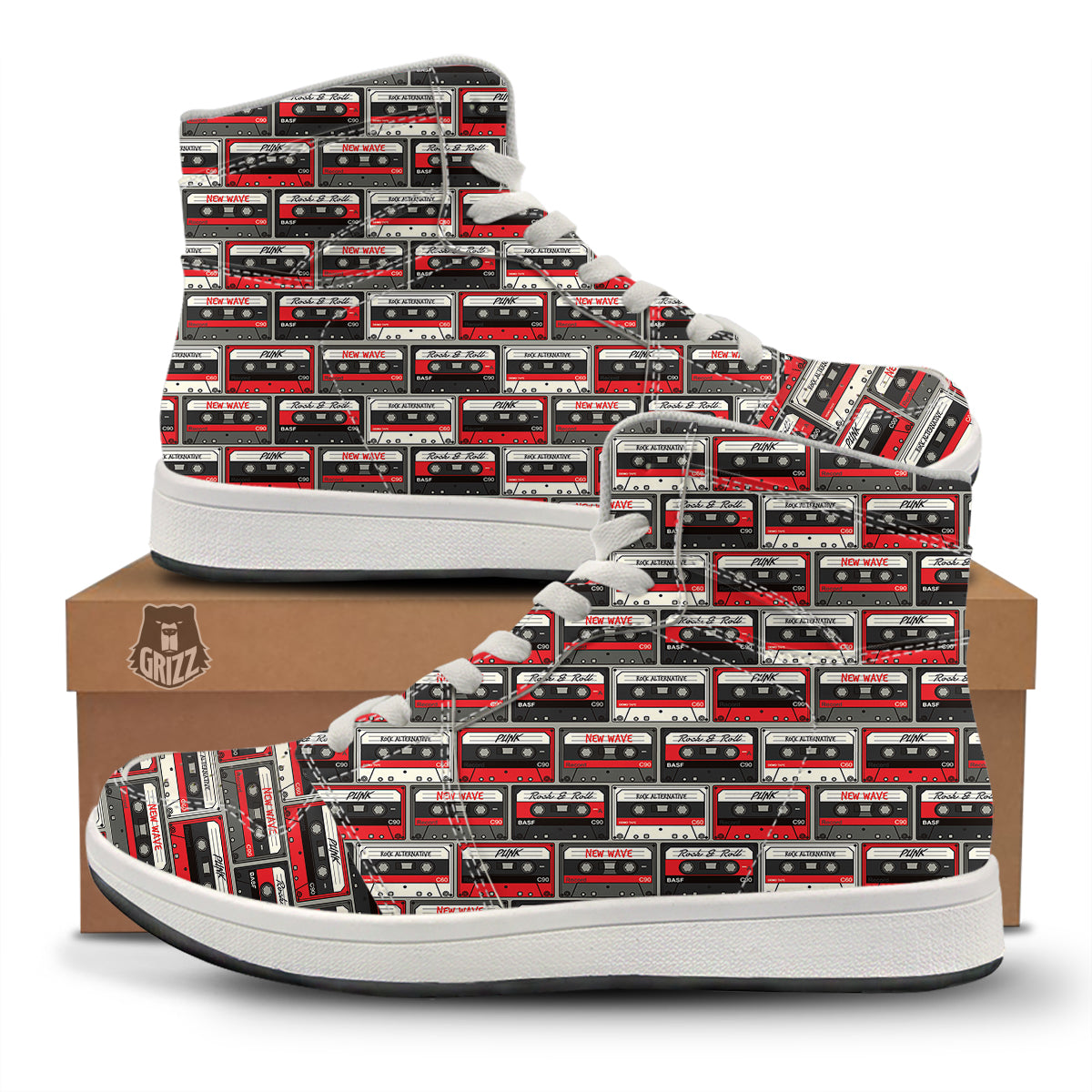Cassette Red Punk Print Pattern High Top Sneakers-grizzshop