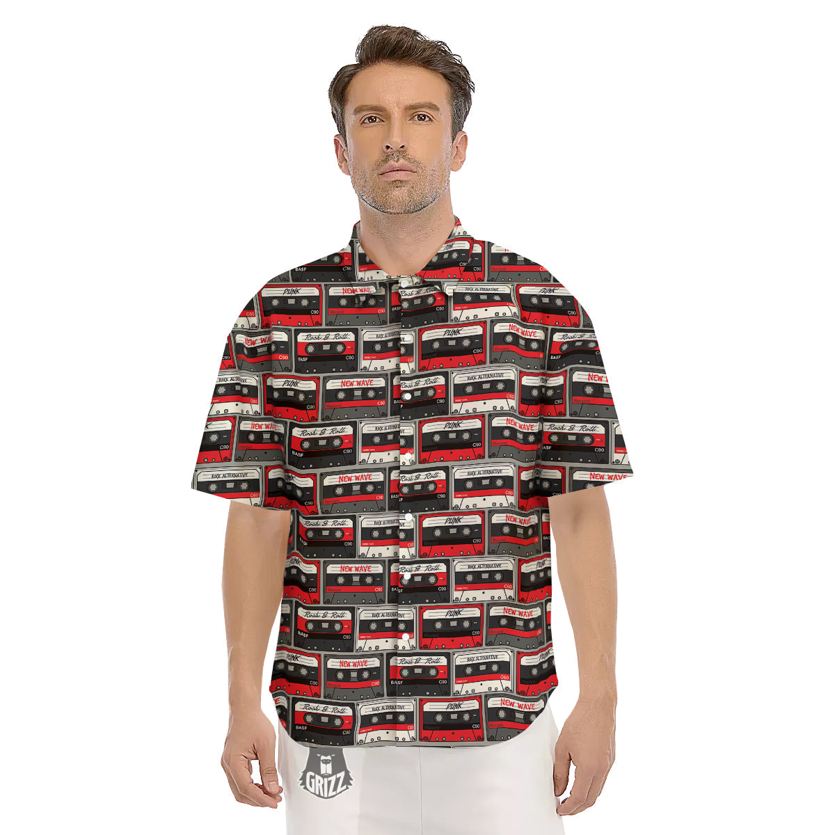 Cassette Red Punk Print Pattern Men's Short Sleeve Shirts-grizzshop