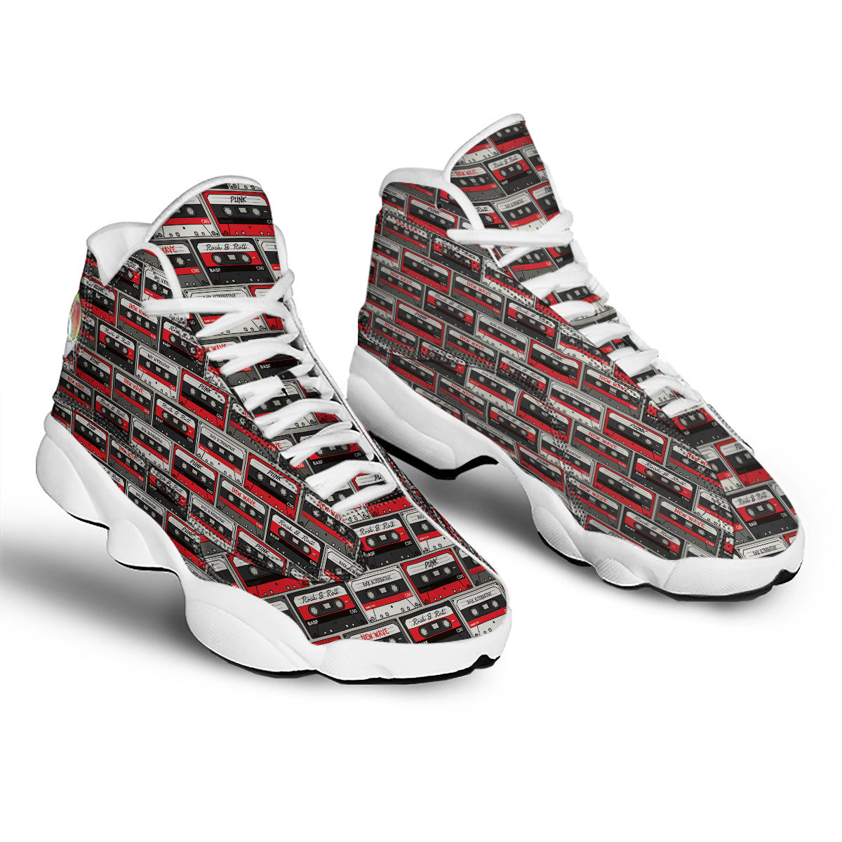 Cassette Red Punk Print Pattern White Basketball Shoes-grizzshop