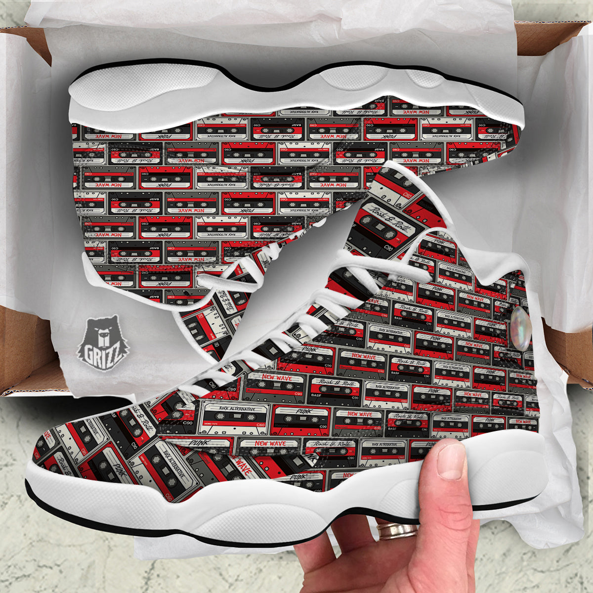 Cassette Red Punk Print Pattern White Basketball Shoes-grizzshop
