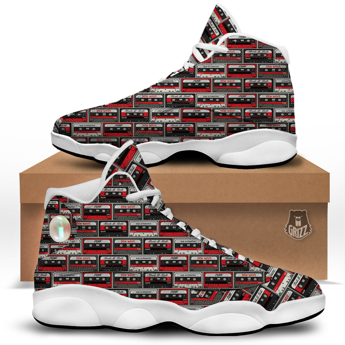 Cassette Red Punk Print Pattern White Basketball Shoes-grizzshop