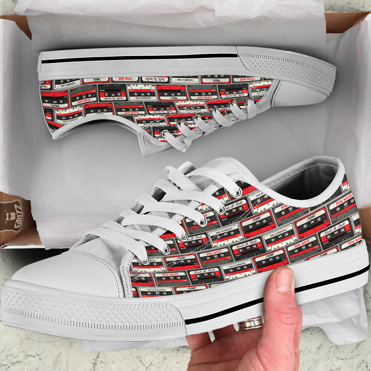 Cassette Red Punk Print Pattern White Low Top Shoes-grizzshop