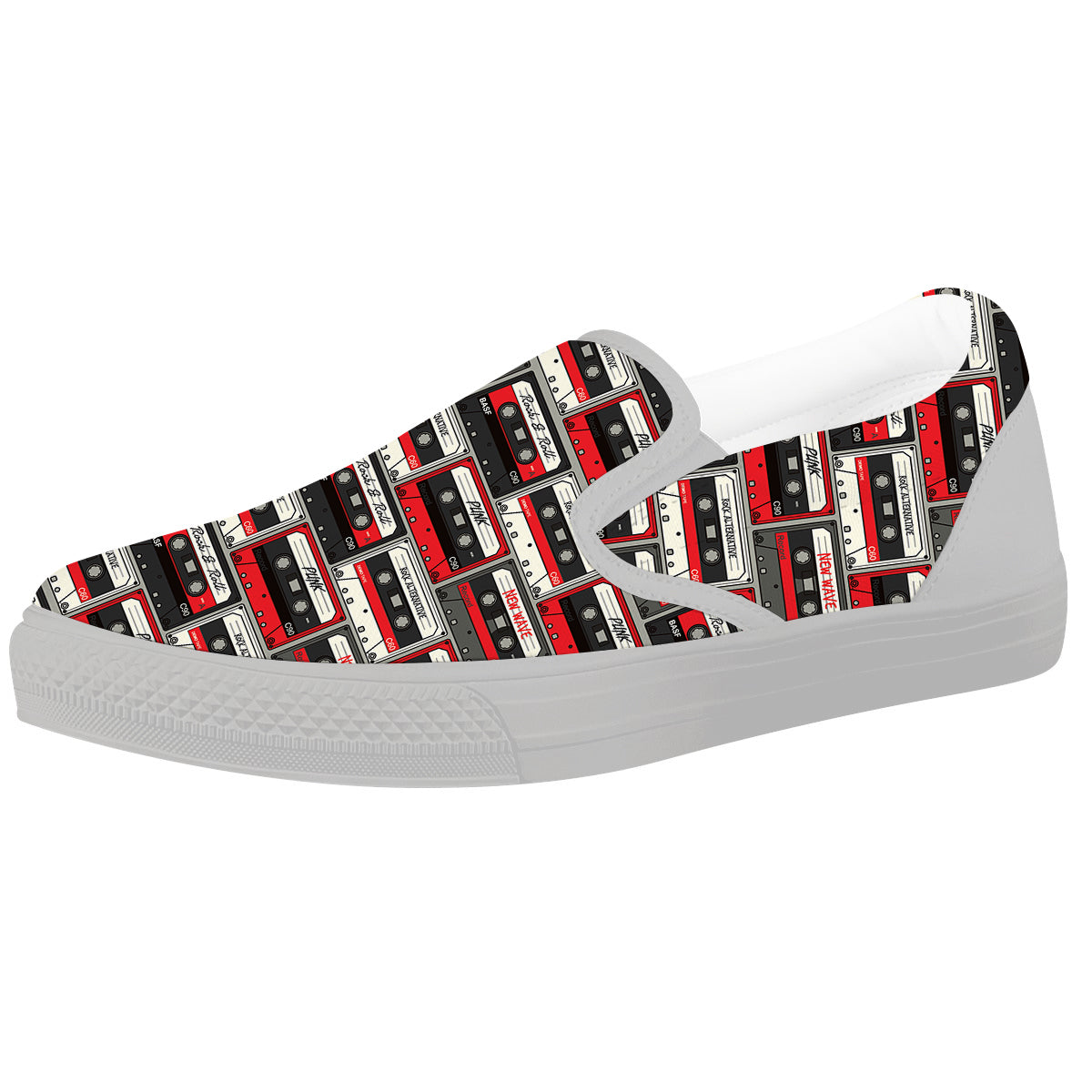 Cassette Red Punk Print Pattern White Slip On Shoes-grizzshop