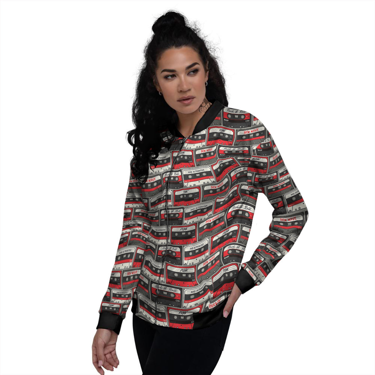 Cassette Red Punk Print Pattern Women's Bomber Jacket-grizzshop