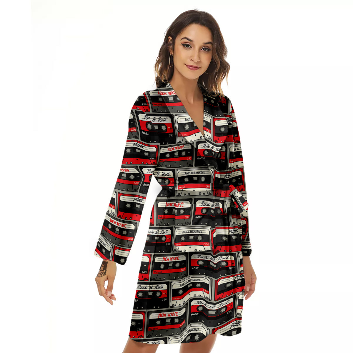 Cassette Red Punk Print Pattern Women's Robe-grizzshop