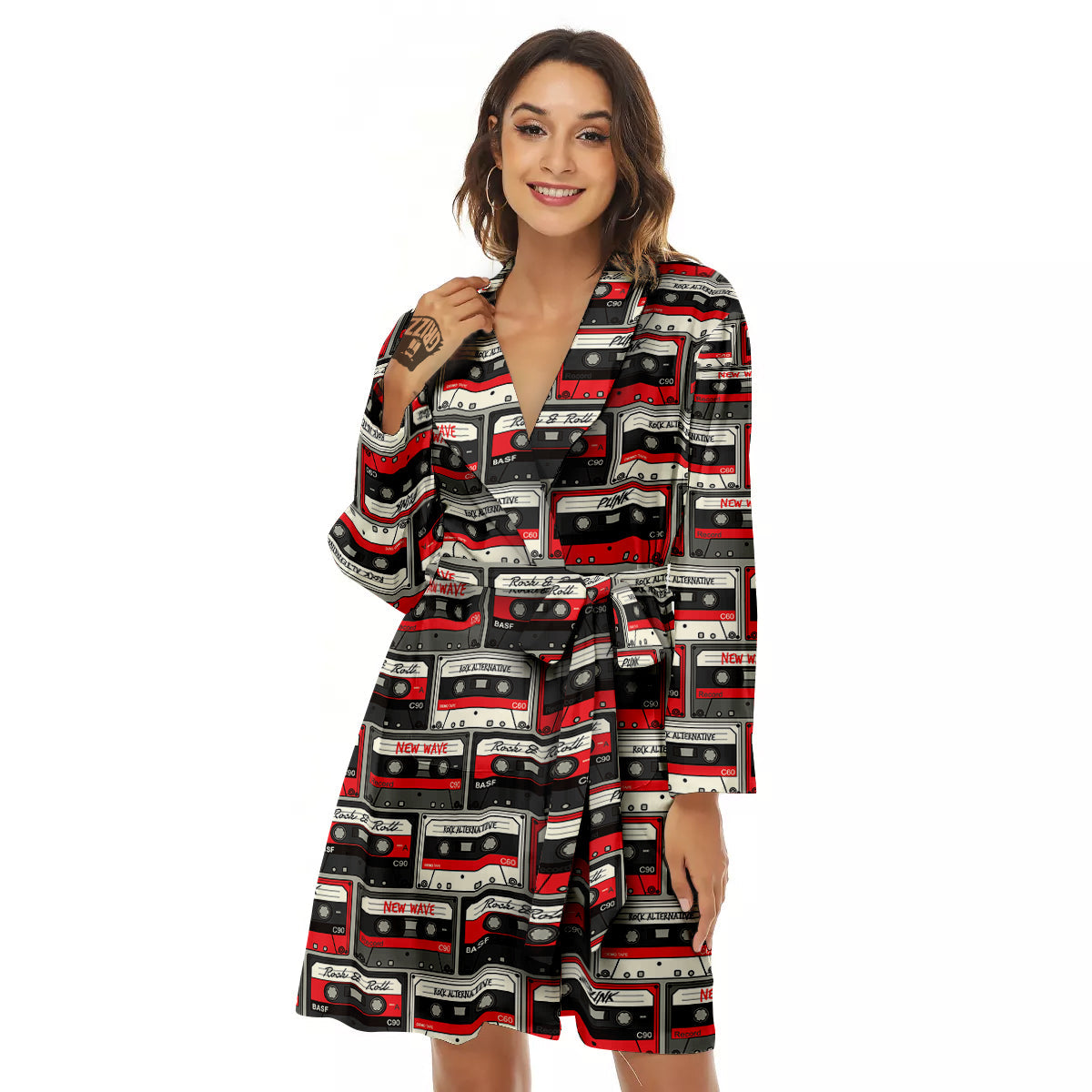 Cassette Red Punk Print Pattern Women's Robe-grizzshop